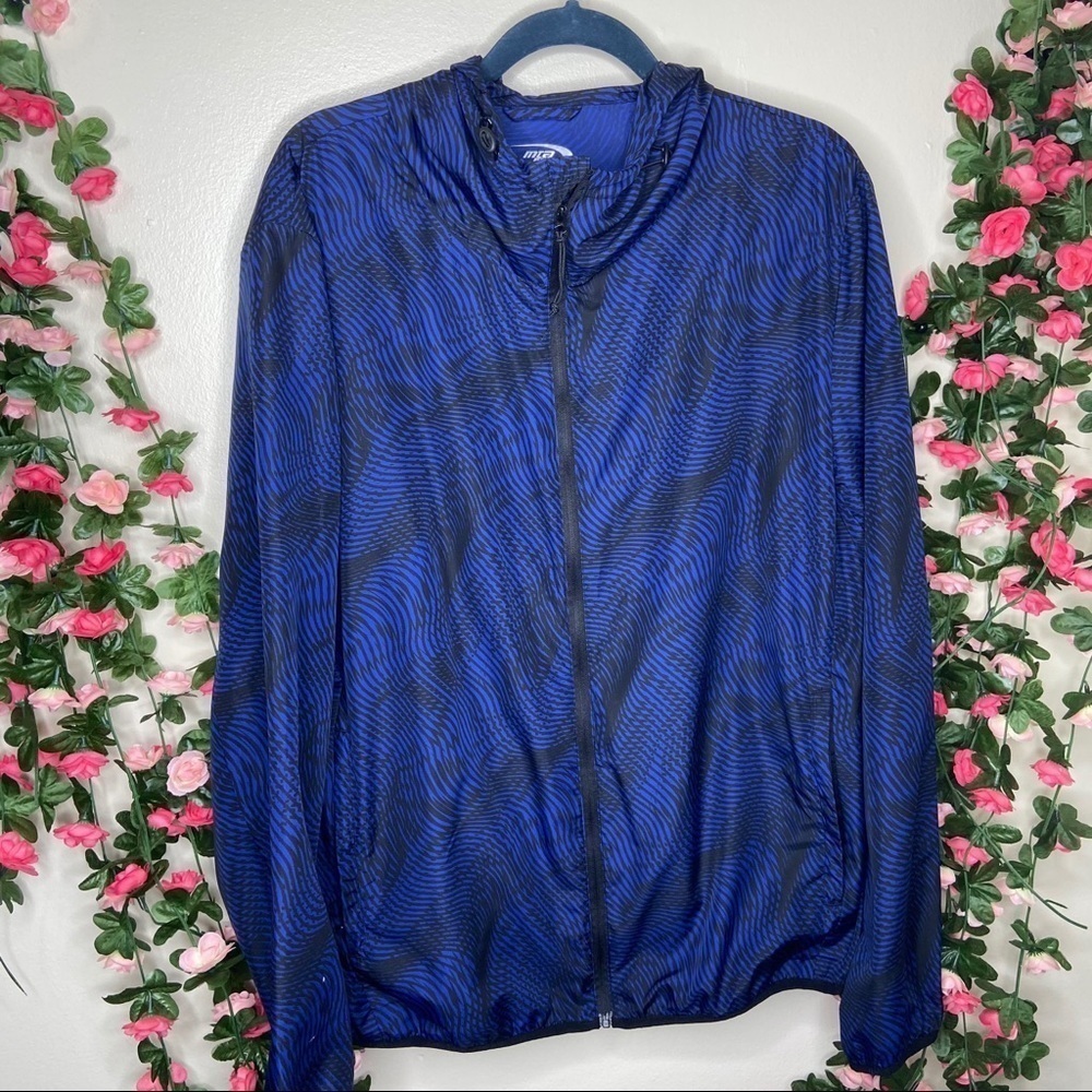 Mia Sport Blue Black Wavy Pattern Athletic Sport Windbreaker Full Zip Up Jacket